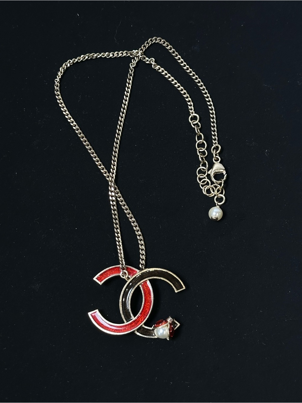 Designer-Inspired Red and Gold Interlocking CC Pendant Necklace